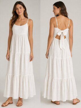 L*Space Women’s White Tiered Maxi Dress Adjustable Tie Back  Shoulder Straps XS